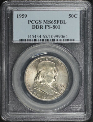 Obverse of this 1959 Franklin Half Dollar Double Die Reverse FS-801 PCGS MS-65 FBL