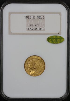 Obverse of this 1925-D Indian $2.5 NGC MS-61 Gold CAC Old Fatty Holder