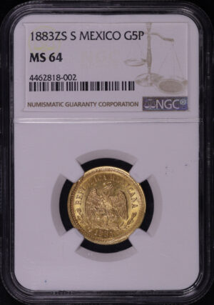 Obverse of this 1883-Zs S Mexico  Gold 5 Pesos KM#412.7 NGC MS-64