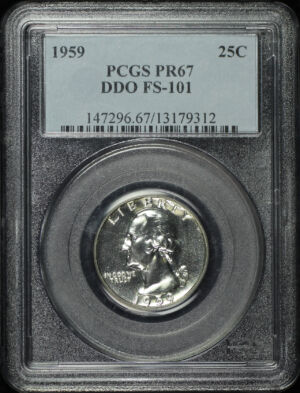 Obverse of this 1959 Washington Quarter Doubled Die Obverse FS-101 PCGS PR-67