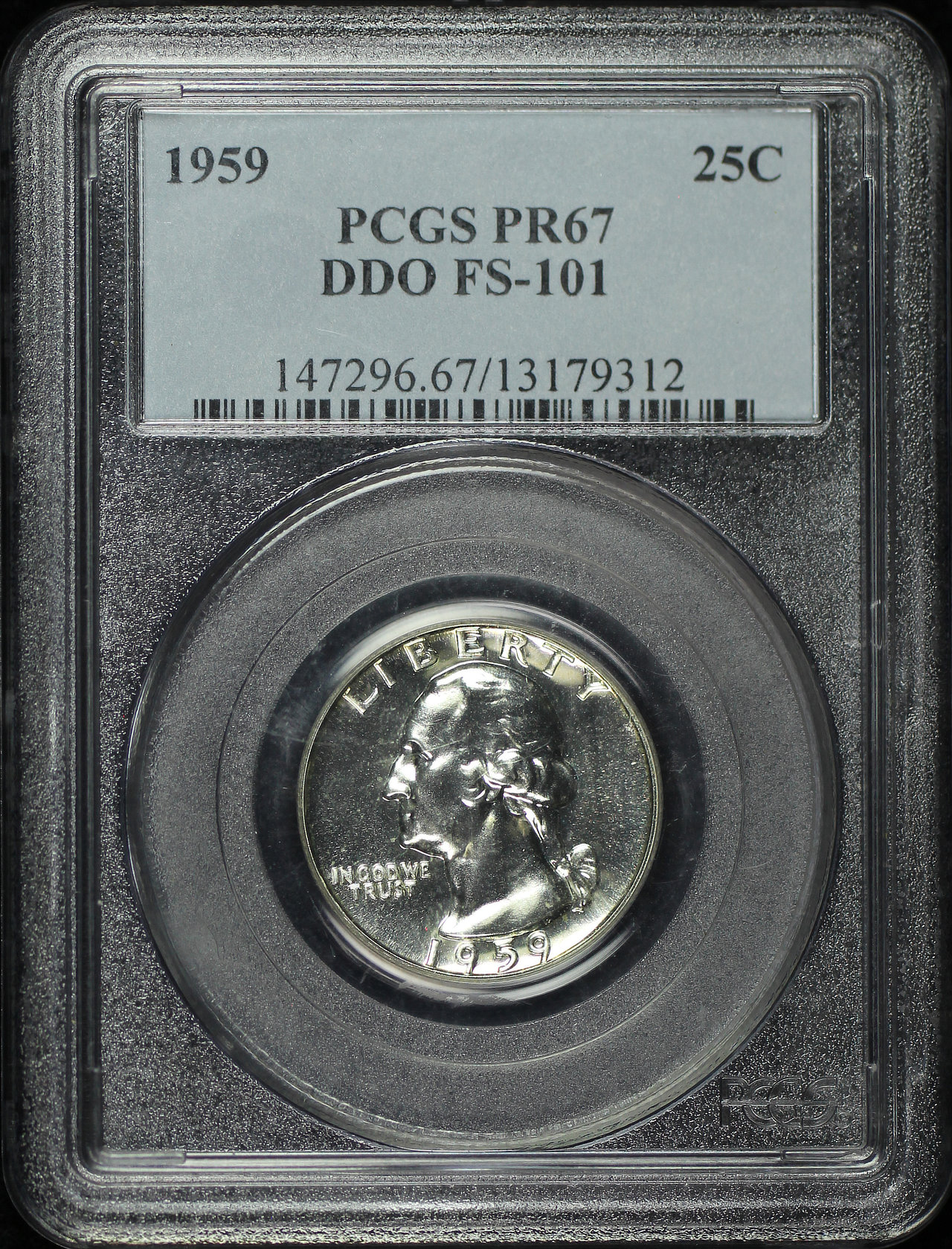 Obverse of this 1959 Washington Quarter Doubled Die Obverse FS-101 PCGS PR-67