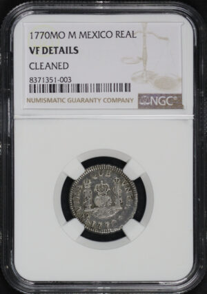 Obverse of this 1770-Mo M Mexico Real NGC VF Details Cleaned 