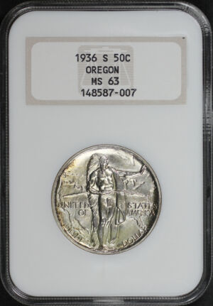 Obverse of this 1936-S Silver Commemorative Oregon Trail 50C NGC MS-63 Old Fatty Holder