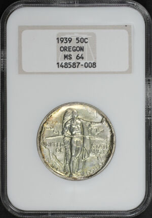 Obverse of this 1939 Silver Commemorative Oregon Trail 50C NGC MS-64 Old Fatty Holder