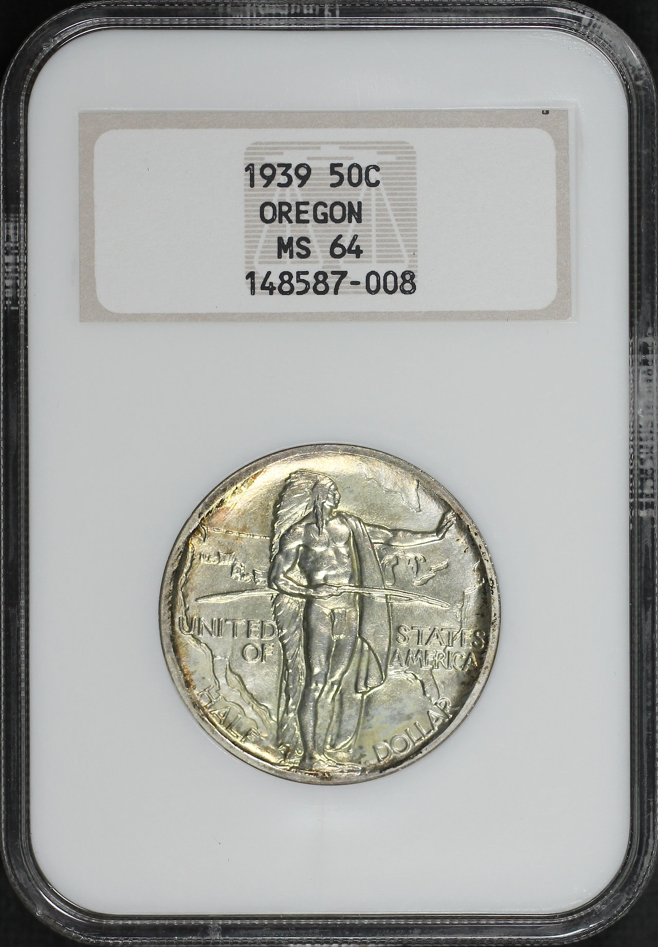 Obverse of this 1939 Silver Commemorative Oregon Trail 50C NGC MS-64 Old Fatty Holder