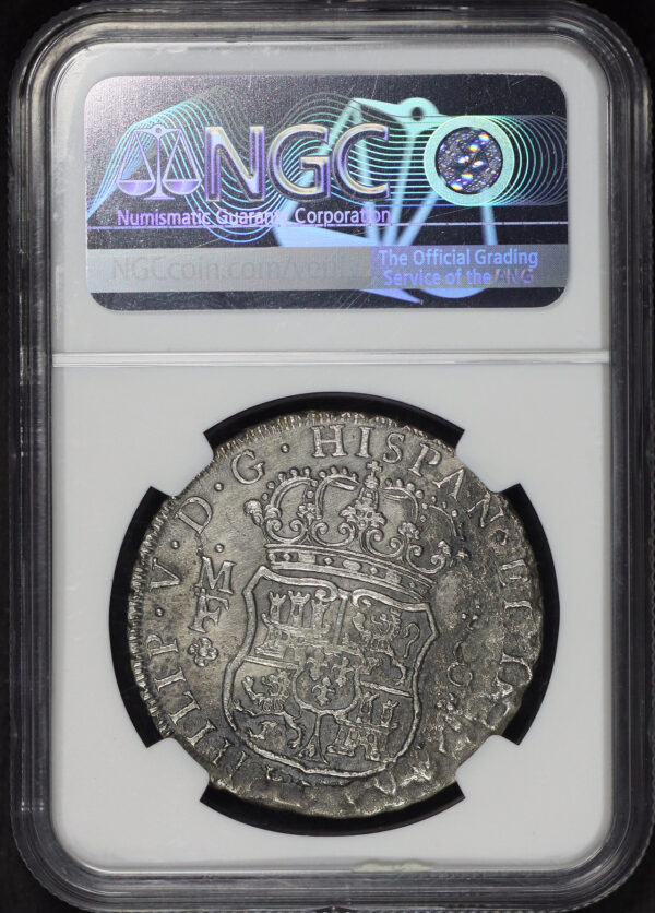 Reverse of this 1736-Mo MF Mexico  8 Reales NGC XF Details SaltWater Damage Cleaned Rooswijk
