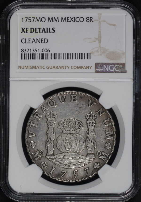 Obverse of this 1757-Mo MM Mexico 8 Reales NGC XF Details Cleaned