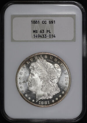 Obverse of this 1881-CC Morgan Dollar NGC MS-63 PL Old Fatty Holder, Full Hologram