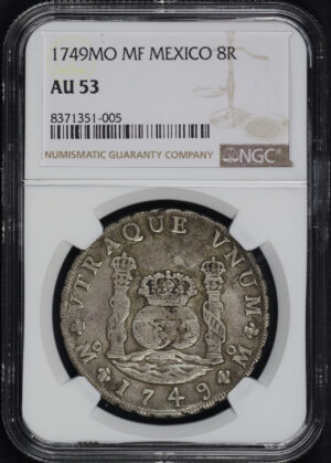 Obverse of this 1749-Mo MF Mexico 8 Reales NGC AU-53