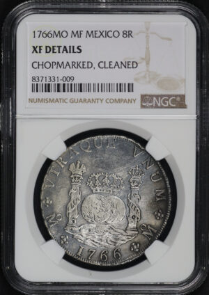 Obverse of this 1766-Mo MF Mexico  8 Reales NGC XF Details Chopmarked & Cleaned