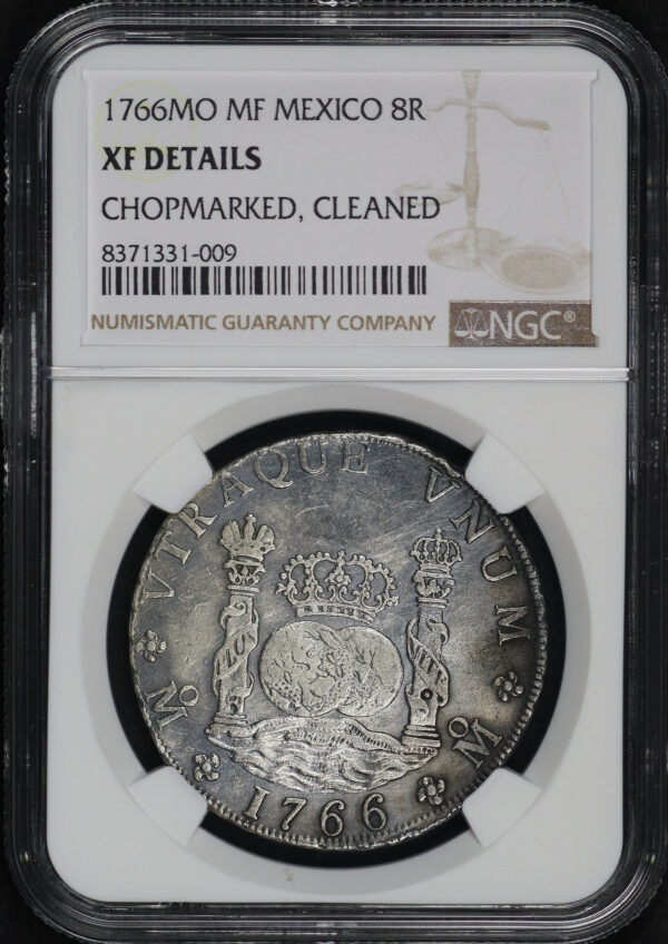 Obverse of this 1766-Mo MF Mexico  8 Reales NGC XF Details Chopmarked & Cleaned