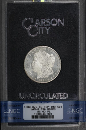 Obverse of this 1880-CC 8/7 Top-100 Morgan Dollar VAM-6 NGC MS-63 PL GSA Hard Pack With Box