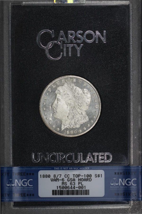 Obverse of this 1880-CC 8/7 Top-100 Morgan Dollar VAM-6 NGC MS-63 PL GSA Hard Pack With Box