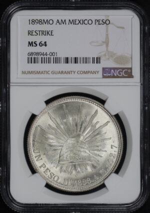 Obverse of this 1898-Mo AM Mexico  Silver Peso Restrike KM#409.2 NGC MS-64