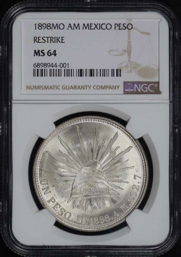 Obverse of this 1898-Mo AM Mexico  Silver Peso Restrike KM#409.2 NGC MS-64
