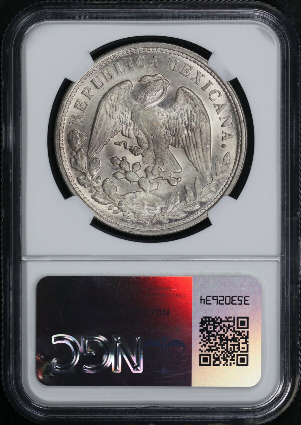 Reverse of this 1898-Mo AM Mexico  Silver Peso Restrike KM#409.2 NGC MS-64