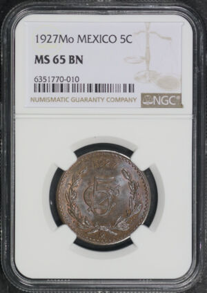 Obverse of this 1927-Mo Mexico 5 Centavos NGC MS-65 BN