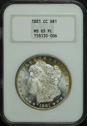 Obverse of this 1881-CC Morgan Dollar NGC MS-65 PL Old Fatty Holder
