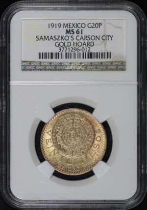 Obverse of this 1919 Mexico Gold 20 Pesos NGC MS-61 Samaszko’s Carson City Gold Hoard Label