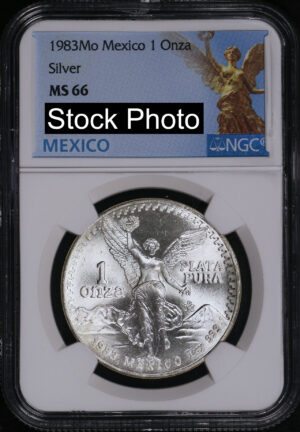 Obverse of this 1983-Mo Mexico Silver Libertad Onza NGC MS-66 Angel Of Independence Label
