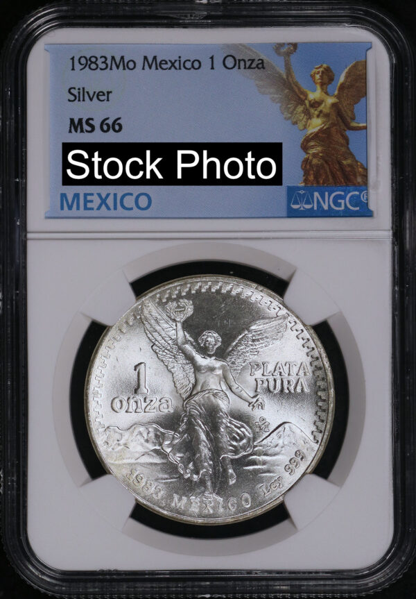 Obverse of this 1983-Mo Mexico Silver Libertad Onza NGC MS-66 Angel Of Independence Label
