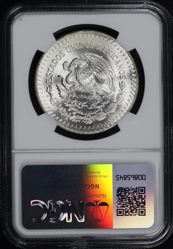 Reverse of this 1983-Mo Mexico Silver Libertad Onza NGC MS-66 Angel Of Independence Label