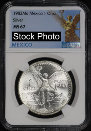 Obverse of this 1983-Mo Mexico Silver Libertad Onza NGC MS-67 Angel Of Independence Label