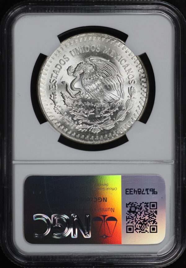 Reverse of this 1983-Mo Mexico Silver Libertad Onza NGC MS-67 Angel Of Independence Label