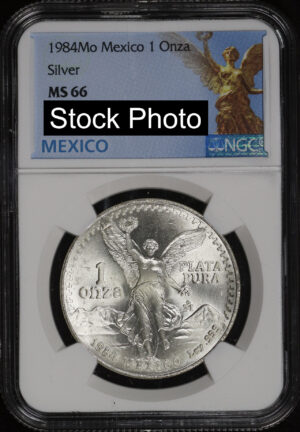 1984-Mo Mexico Silver Libertad Onza NGC MS-66 Angel Of Independence Label