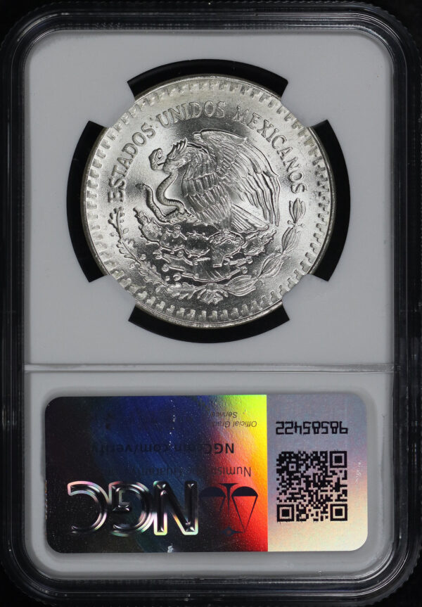 Reverse of this 1984-Mo Mexico Silver Libertad Onza NGC MS-67 Angel Of Independence Label