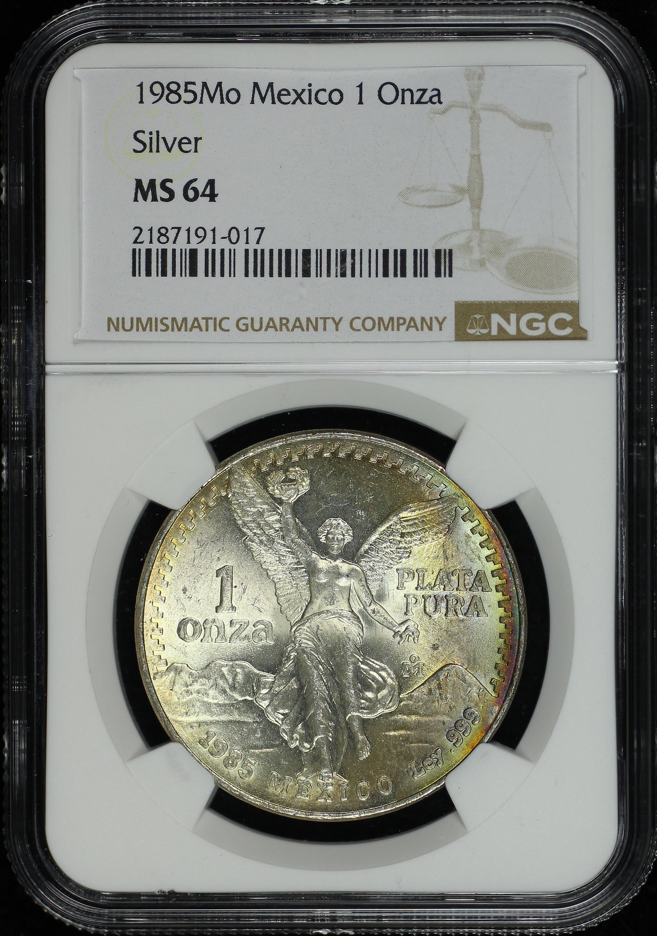 Obverse of this 1985-Mo Mexico Silver Libertad Onza NGC MS-64 Reverse Rainbow Toning