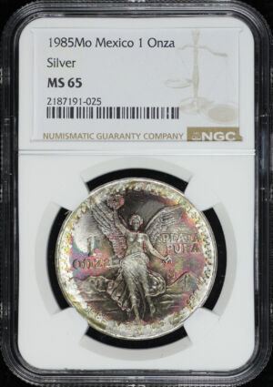 Obverse of this 1985-Mo Mexico Silver Libertad Onza NGC MS-65 End Roll Obverse Rainbow Toning