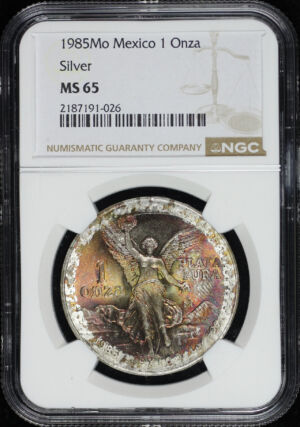 Obverse of this 1985-Mo Mexico Silver Libertad Onza NGC MS-65 End Roll Obverse Rainbow Toning