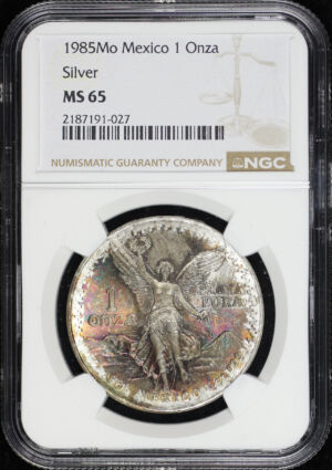 Obverse of this 1985-Mo Mexico Silver Libertad Onza NGC MS-65 End Roll Obverse Rainbow Toning
