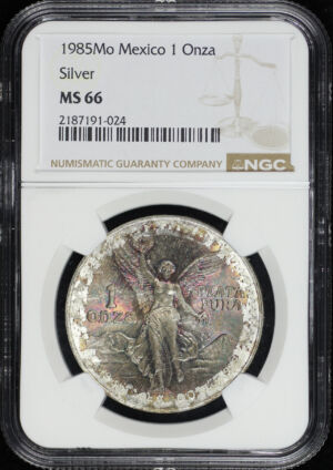 Obverse of this 1985-Mo Mexico Silver Libertad Onza NGC MS-66 End Roll Obverse Rainbow Toning