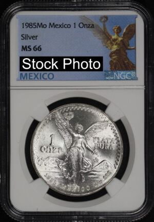 Obverse of this 1985-Mo Mexico Silver Libertad Onza NGC MS-66 Angel Of Independence Label