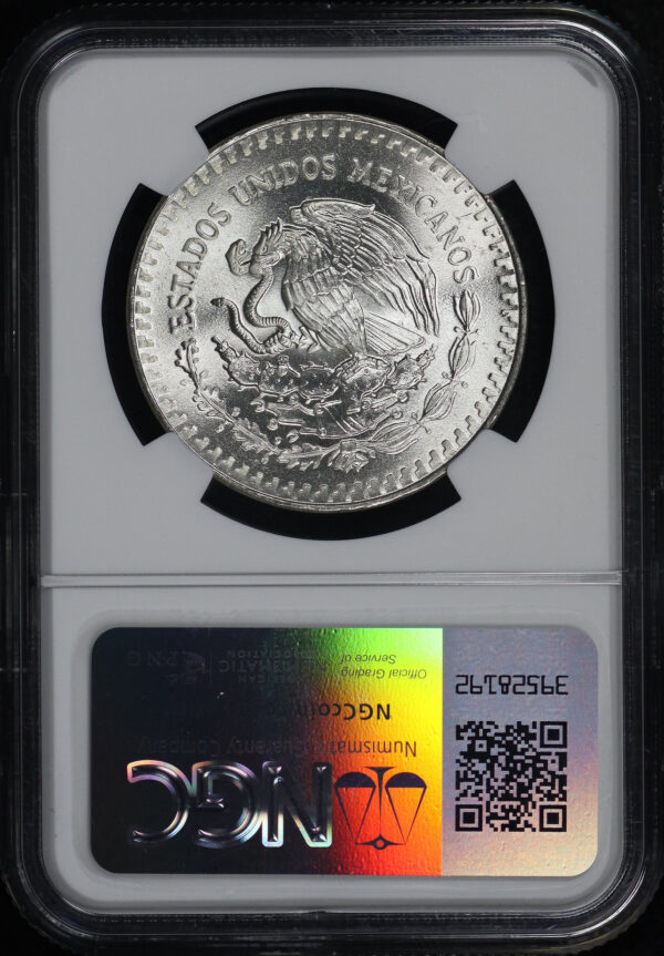 Reverse of this 1985-Mo Mexico Silver Libertad Onza NGC MS-66 Angel Of Independence Label