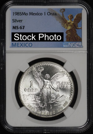 1985-Mo Mexico Silver Libertad Onza NGC MS-67 Angel Of Independence Label