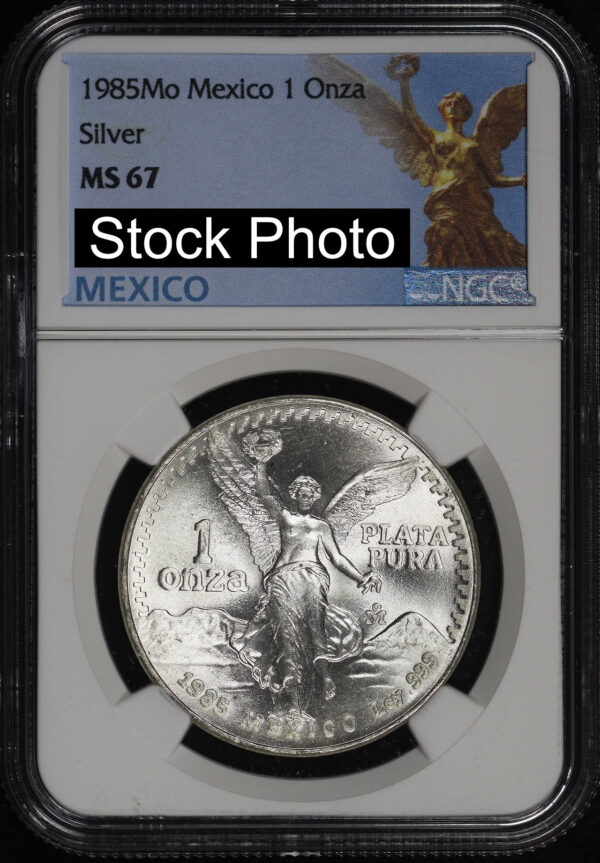1985-Mo Mexico Silver Libertad Onza NGC MS-67 Angel Of Independence Label