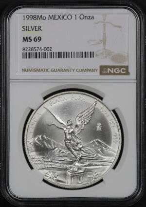 Obverse of this 1998Mo Mexico Silver Libertad Onza NGC MS-69