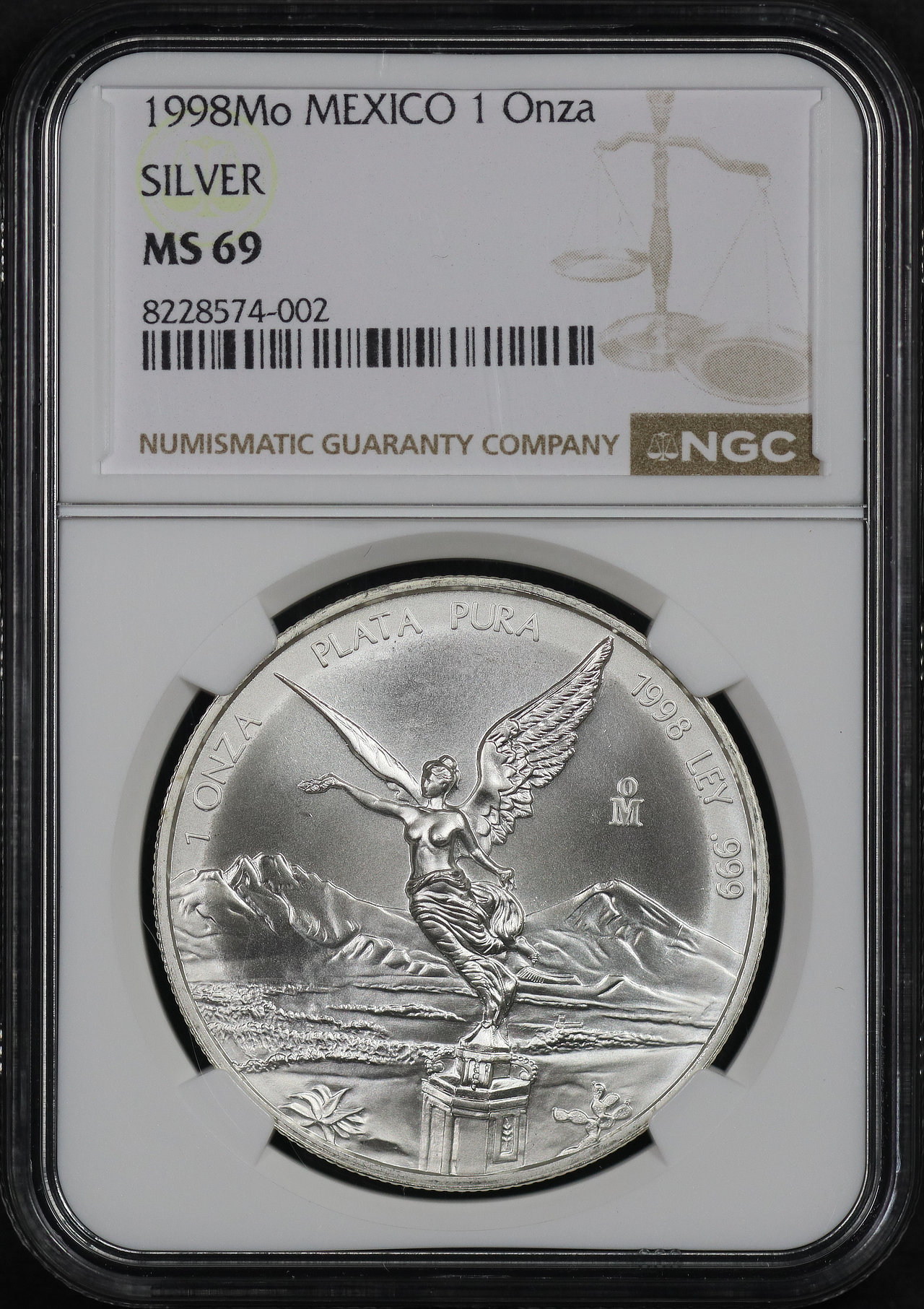 Obverse of this 1998Mo Mexico Silver Libertad Onza NGC MS-69