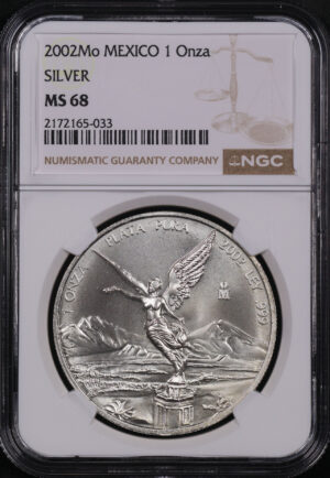 Obverse of this 2002Mo Mexico Silver Libertad Onza NGC MS-68