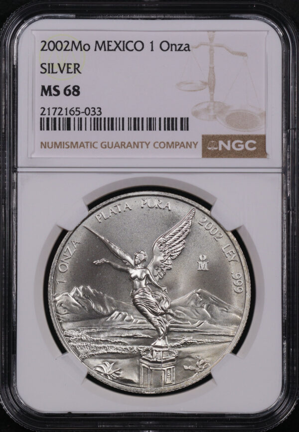 Obverse of this 2002Mo Mexico Silver Libertad Onza NGC MS-68