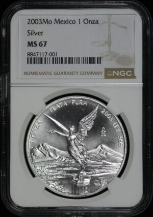 Obverse of this 2003-Mo Mexico Silver Libertad Onza NGC MS-67