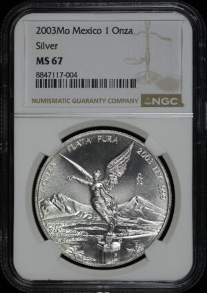 Obverse of this 2003-Mo Mexico Silver Libertad Onza NGC MS-67