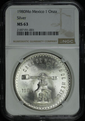 Obverse of this 1980-Mo Mexico Silver Onza Balance & Scale NGC MS-63