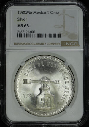 Obverse of this 1980-Mo Mexico Silver Onza Balance & Scale NGC MS-63