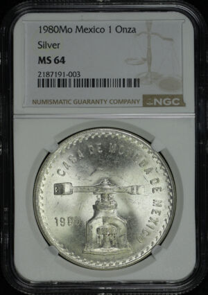 Obverse of this 1980-Mo Mexico Silver Onza Balance & Scale NGC MS-64