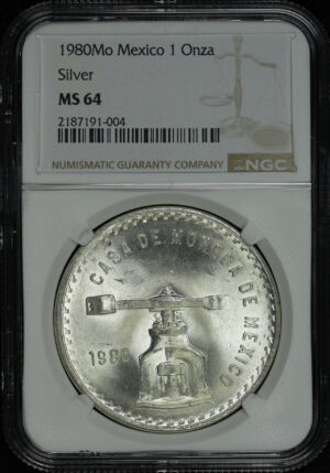 Obverse of this 1980-Mo Mexico Silver Onza Balance & Scale NGC MS-64