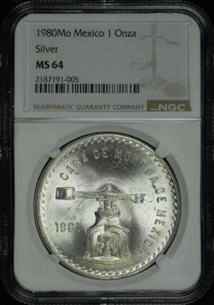 Obverse of this 1980-Mo Mexico Silver Onza Balance & Scale NGC MS-64